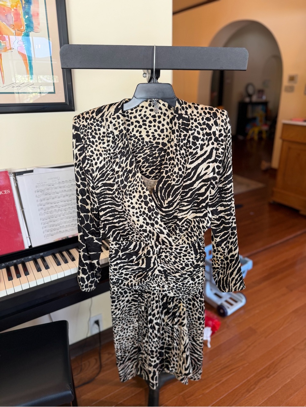 Vintage Pure Silk Animal Print Faux Wrap-Style Dress in Black and Cream